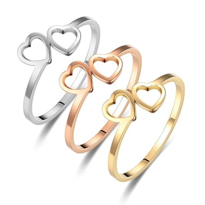 Love Plain Stacking Band Statement Wedding Promise Ring For Women | Stainless Steel, Cute Hollow Heart Design,Waterproof,Tarnish Resistant,Gift For Mother’s Day, Valentine’s Day, Christmas - color: Silver 2 Hearts