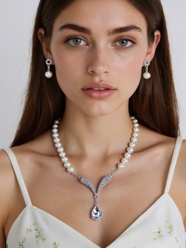 Pearl Necklace and Earring Set for Women,Pearl Jewelry Set Fake Pearls Necklace Imitation Beaded Collar de Perlas Para Mujer Necklaces for Prom Bridesmaid Costume Accessories - color: A-Silver