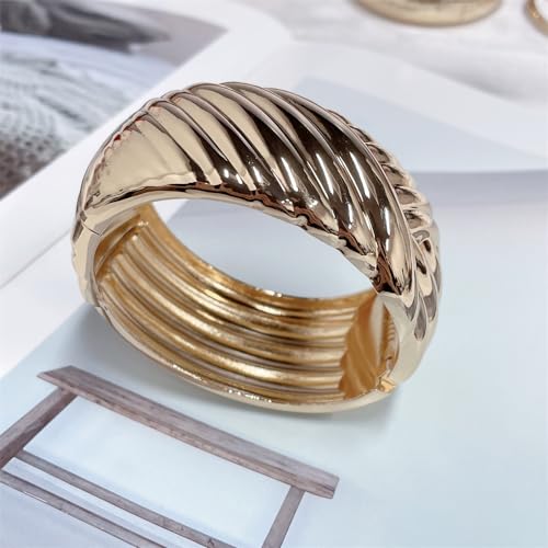 Dainty Twist Stripe Wide Chunky Bangle Bracelets for Women Minimalist Classic 14K Yellow Gold Plated Oval Cuff Wrist Open Bangles Statement Unique Design Fashion Trendy Jewelry Gift