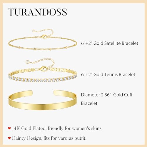 Turandoss Gold Bracelets for Women - Dainty 14K Gold Plated Tennis Bracelet | Stackable Cross Beaded Set, Twisted Rope Chain, Snake Paperclip Chain, Knot Cuff Bracelets for Women, Jewelry Gifts - color: Cuff Tennis Set