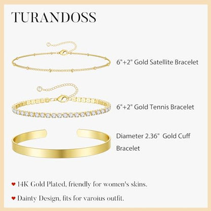 Turandoss Gold Bracelets for Women - Dainty 14K Gold Plated Tennis Bracelet | Stackable Cross Beaded Set, Twisted Rope Chain, Snake Paperclip Chain, Knot Cuff Bracelets for Women, Jewelry Gifts - color: Cuff Tennis Set