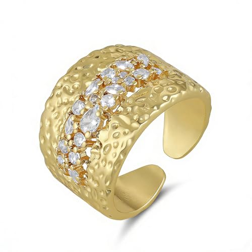 HZMAN 14K Gold Plated Open Ring for Women Brass Crystal Non Adjustable Statement Ring Collection - color: Hammered Brass