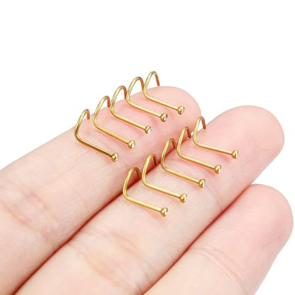 Hoeudjo Nose Studs Surgical Steel Cubic Zirconia Nose Rings Kit for Women Men Tiny Nose Stud Bone & Screw & L Shaped Nostril Piercing Jewelry 18/20/22/24 Gauge 10 Pieces - color: gold-tone,screw nose studs, size: 22g/1.5mm clear CZ