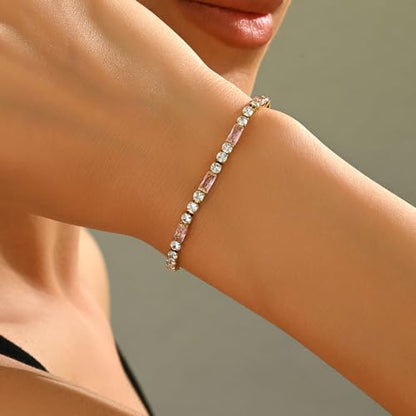 Tennis Bracelet for Women 18K Gold Plated White Red Green Black Blue Pink 3mm Cubic Zirconia Bracelet Dainty Diamond Adjustable Bracelet Trendy Jewelry Gift - color: Pink Tennis-Gold