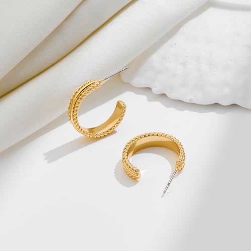 Gold Plated Chunky Hoop Earrings for Women - Stylish Statement Twisted Rope C Shaped Hoop Earrings Fashion Jewelry Gift - color: gold tone