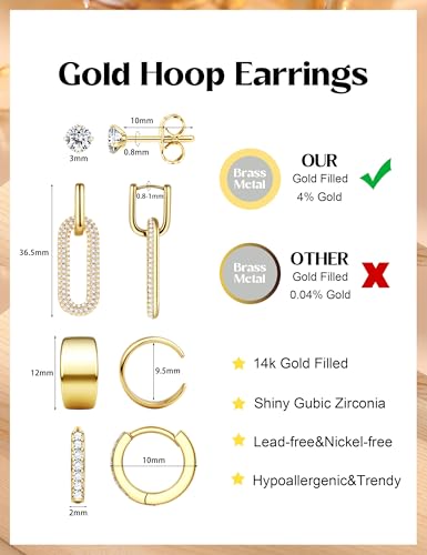 ORAZIO Small Gold Hoop Earrings for Women Hypoallergenic 14K Gold Plated Chunky Huggie Earring Sets for Multiple Piercing Dainty Earing Stacks Set Cute Silver Cartilage Jewelry Trendy Gifts - style: 14K Gold Plated-Paperclip