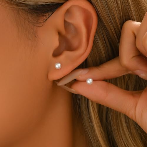 Pearl Stud Earrings for Women Gold/Silver Plated 3mm 4mm 5mm 6mm 8mm Pearl Earrings Dainty Hypoallergenic Earrings - color: White Gold, size: 5 Millimeters
