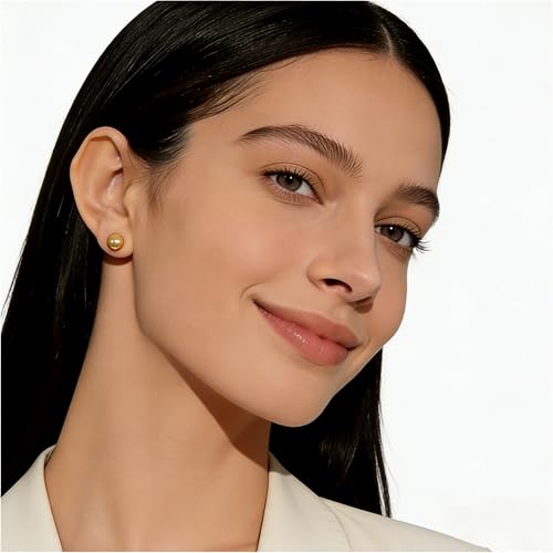 Gold & Brown Faux Pearl Stud Earrings, S925 Silver Posts Hypoallergenic for Women - color: Gold, size: 10mm