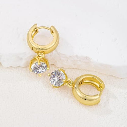 Chunky Gold Huggie Cz Dangle Earrings for Women | Hoop Huggies Dangly, Cubic Zirconia Drop Earring, Diamond Crystal Charm, Statement Dangling Earrings, Jewelry Gifts - color: Gold-Cz