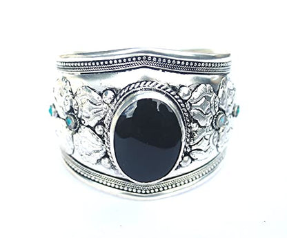 Boho Black Onyx Adjustable Cuff Bracelet | Argentium Plated Stainless Steel Jewelry for Men & Women