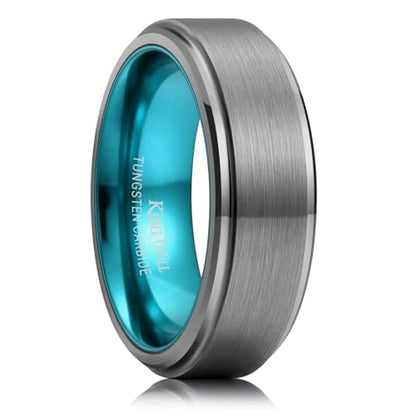 King Will Mens Brushed Wedding Band, Two Tone Matte Step Edges/Pipe Cut, Tungsten Carbide Anniversary Promise Rings Comfort Fit - color: Silver&Ice Blue-8mm