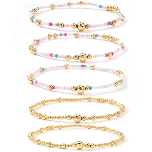Colorful Gold Plated Stackable Ball Seed Beaded Bracelets Set For Women, Boho Handmade Romantic Stretch Accessories Jewelry, Daily Wear Holiday Party Friendship Gift - color: White Rice