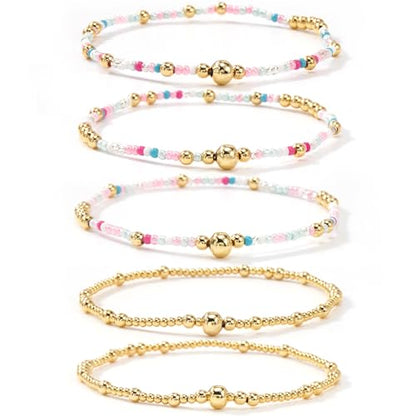 Colorful Gold Plated Stackable Ball Seed Beaded Bracelets Set For Women, Boho Handmade Romantic Stretch Accessories Jewelry, Daily Wear Holiday Party Friendship Gift - color: White Rice