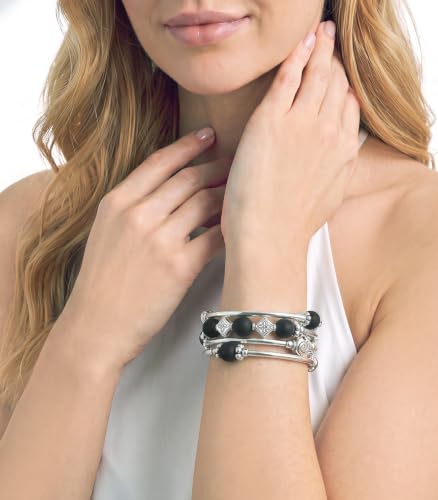 Beaded Pearl Bangle Wrap Bracelet - Fashion Bohemian Jewelry Multilayer Charm Bracelet with Thick Silver Metal Beads, Gift For Women - color: Matte Black