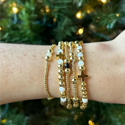 5Pcs Stack Gold Plated Ball Beaded Bracelets Set for Women, Boho Handmade Colorful Glass Pearl Stretch Accessories Jewelry, Summer Beach Daily Wear Holiday Friendship Gift - color: Freshwater Pearl