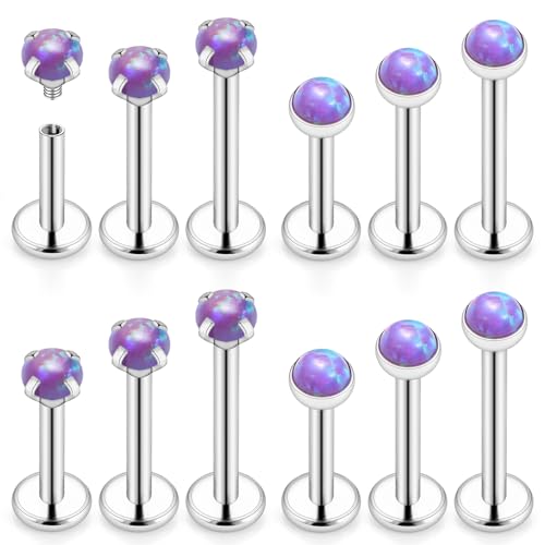 16G Internal Thread Flat Back Earrings Nose Studs 316L Surgical Steel Medusa Labret Monroe Lip Ring Tragus Forward Helix Conch Cartilage Lobe Earrings Stud Piercing Jewelry For Women Men Opal - color: Purple Opal, size: 16G-6MM/8MM/10MM Bar-4MM Opal