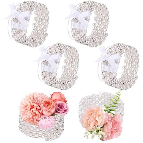 Hotop 4 Set Silver Rhinestone Pearl Alternating Corsage Wrist Bracelet Bands Silver Bride Bracelet Adjustable Wrist Corsage DIY Wedding Wristband Accessory for Bridal Party Prom - color: Silver, style: Alternating