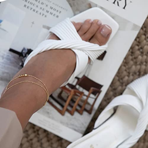 14K Gold Plated Layered Satellite Beads Heart Anklets Layering Rhinestone Cubic Zirconia Ankle Bracelets for Women Minimalist Summer Beach Foot Chain Ankle Jewelry for Her - style: 2 Layered 5 Dots+Beaded-GD