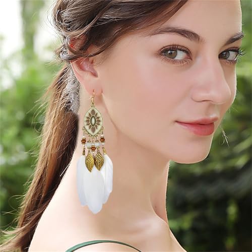Dreuyet Boho Long Feather Drop Dangle Earrings for Women Retro Bohemian Ethnic Fringe Multicolor Tassel Feather Earring Handmade Statement Dream Catcher Earrings Jewelry - color: White Oval
