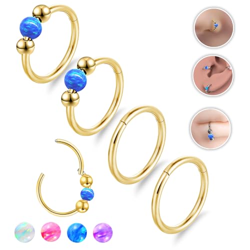 4PCS Nose Rings Opal 18G Nose Hoops 316L Surgical Steel Hypoallergernic Nose Piercings Jewelry for Women Nose Rings Suitable for Septum Rings Cartilage Earring Tragus Earring - color: Gold Bule, size: 4 PCS 18G 10mm*10mm