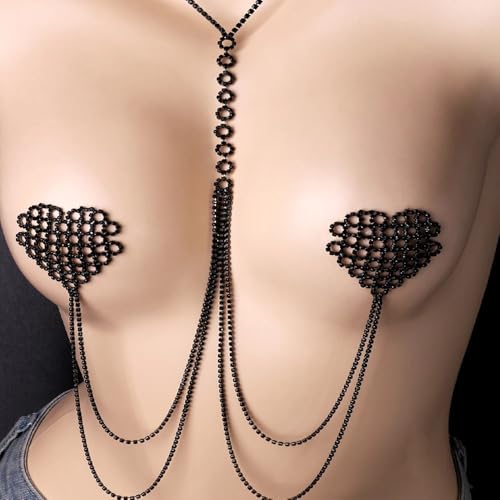 Rhinestone Heart Bra Chain Non Piercing Nipple Jewelry Festival Rave Layered Sexy Necklace Crystal Nipple Body Accessories Jewelry for Women Party - color: Black