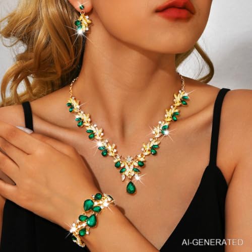 Sixexey Bridal Wedding Jewelry Set Crystal Neck Jewelry Rhinestone Wedding Prom Jewelry Accessories for Women - color: Green Crystal