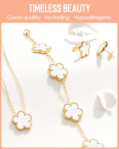 AICase Clover Jewelry Set,18K Gold Plated Lucky Clover Bracelet,Four Leaf Clover Necklace and Clover Earrings Fashion Jewelry Sets Gifts for Women/Mon - color: White