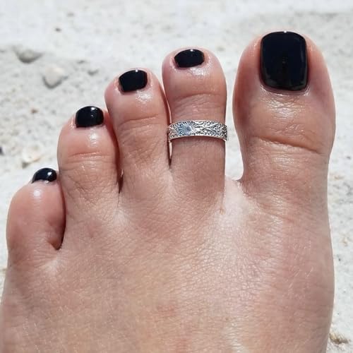 Sterling Silver Toe Ring, Adjustable Open Band, Handmade | Fits Toe, Knuckle or Pinky Ring | One Size Fits Most | Comfortable to Wear | Minimalist Style | Water Resistant - style: Floral Shiny Band