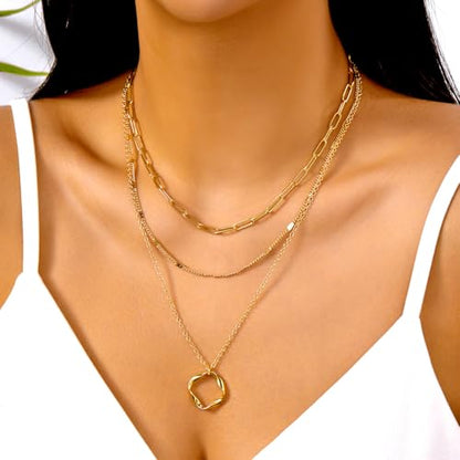 Gmai Layered Necklaces for Women Gold Plated 3/4/5 Piece Adjustable Stackable Necklace Set with Pearl Cross Coin Pendant Dainty Gold Silver Choker Chain Jewelry Gift for Her - style: Circular paperclip pendant