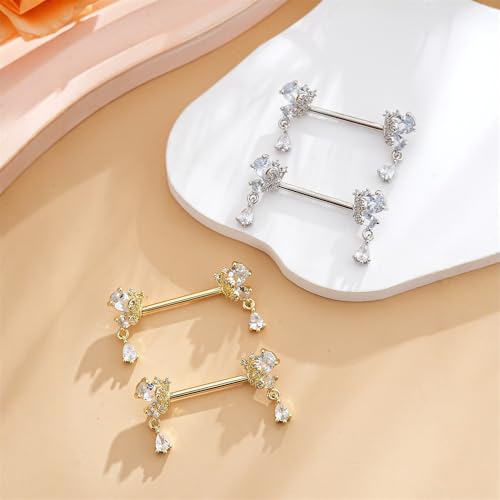 316L Stainless Steel Butterfly Nipple Rings 18K Gold Plated with CZ Butterflies Crystal Dangle Nipple Studs Rings Nipplerings Body Piercing Jewelry for Women - color: Silver