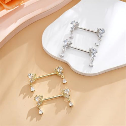 316L Stainless Steel Butterfly Nipple Rings 18K Gold Plated with CZ Butterflies Crystal Dangle Nipple Studs Rings Nipplerings Body Piercing Jewelry for Women - color: Silver