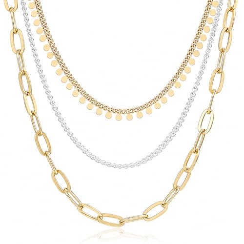 COBI Two Tone Pendants Necklace for Women, 925 Silver Plated Layered Link Chain, 18K Gold Tone Finished Statement Necklace, Mixed Metal Jewelry, Trendy Fashion Necklace Gift for Her - style: Layered Chain