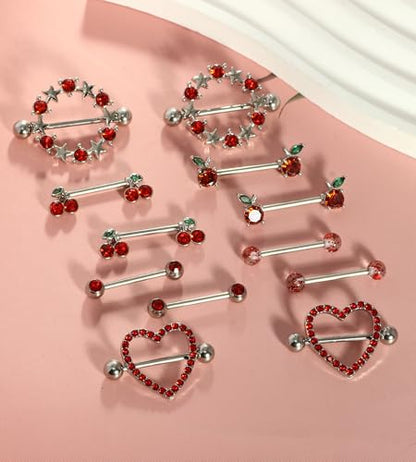 Suotarn 14G INNINipple Rings for Women 316L Stainless Steel Heart Cherry,Star Butterfly Nipple Barbell CZ Cute Nipple Rings Set Nipplerings Piercing Jewelry - color: red