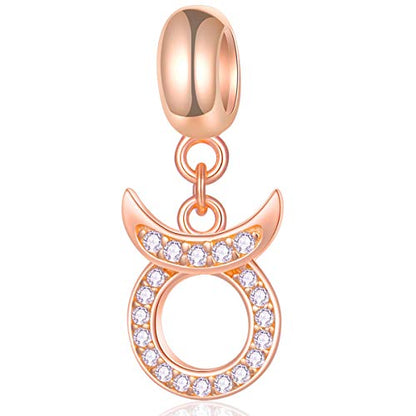 EMOSTAR Zodiac Sign Charms fits European Charm Bracelet – Rose Gold 925 Sterling Silver Necklace Pendant, 12 Horoscope Constellation Dangle CZ Birthstone Beads, Gifts for Women/Men/Birthday - color: Taurus (4.20 – 5.20)