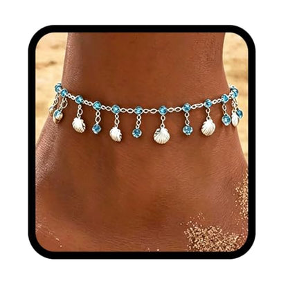 Yalice 925 Silver Plated Charm Chain Ankle Bracelets for Women Dainty Fringe Waterproof Anklets Boho Beach Wedding Foot Jewelry - color: Blue