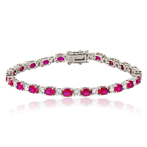 MAX + STONE 925 Sterling Silver Created Ruby Bracelet for Women | July Birthstone Ruby Bracelet | Hypoallergenic Sterling Silver Tennis Bracelets - style: Oval Cut | Cubic Zirconia