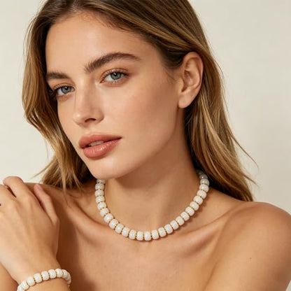 NEWITIN 2 Pieces Summer Beach Jewelry for Women Chunky Beaded Necklace Bracelet Trendy Big Resin Beaded Choker Boho Charm Statement Colorful Jewelry Set for Women - color: White