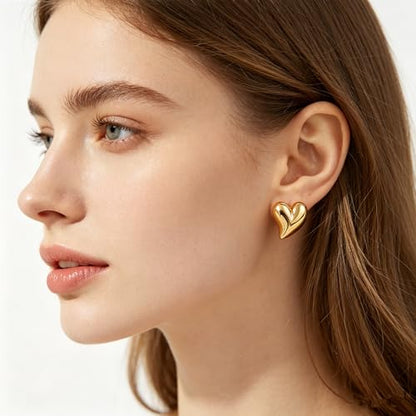 Gold Statement Earrings For Women, 14K Gold Plated Textured Geometric Drop Earrings - Hypoallergenic Stainless Steel Statement Earrings for Women, Waterproof Fan-Shaped Dangle Earrings for Beach & Daily Wear - color: Heart DKE252103GL