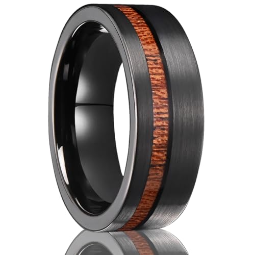 Tungsten Carbide Rings for Men 8mm Black Hammered Whiskey Barrel Wood & Elk Antler Inlay Men's Engagement Wedding Bands Matte Brushed - color: 8mm black Brushed