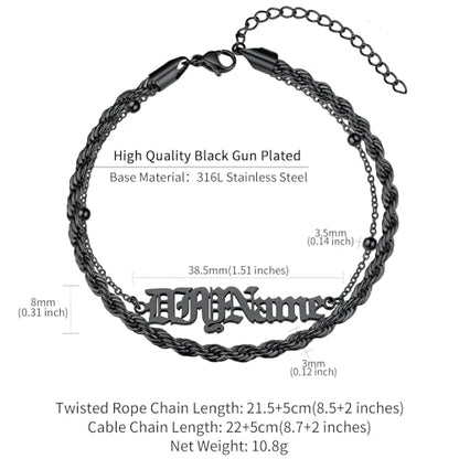 ChainsHouse Double Layer Anklet Bracelet for Women,Adjustable Chain Anklets Stackable Dainty Anklets,Stainless Steel/Gold Plated/Black Ankle Jewelry Gifts - color: C-Black-Rope Chain