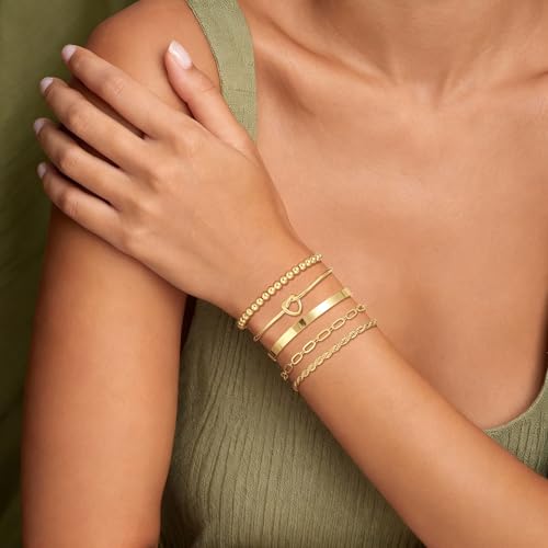 14K Gold Plated Stackable Bangle Bracelets Set for Women | Cuff Bracelet Stackable Bangles Bracelet for Women Trendy Fashion Accessories Tie Knot Cuban Rope Paperclip Beaded Bracelets - color: 5-layer G GD