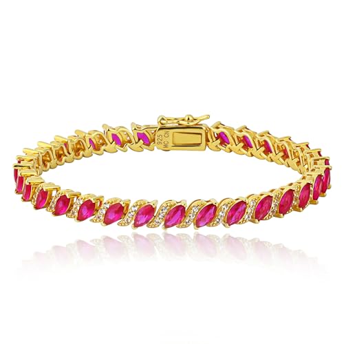 MAX + STONE 925 Sterling Silver Created Ruby Bracelet for Women | July Birthstone Ruby Bracelet | Hypoallergenic Sterling Silver Tennis Bracelets - style: Marquee Cut | White Topaz