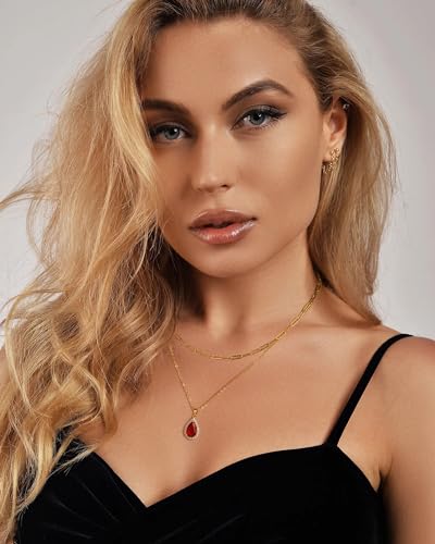Gold Layered Necklaces for Women, 18k Gold Plated Crystal Necklace Paperclip Choker Emerald Green Jewelry for Women Gifts - color: Red Water Drop