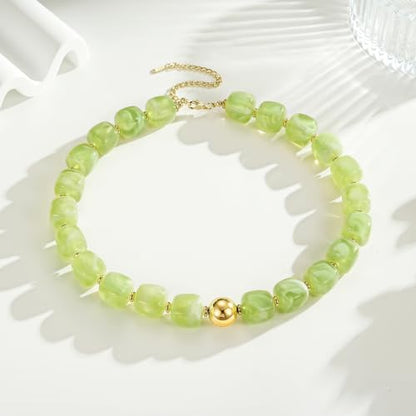 Ritach Chunky Beaded Necklaces for Women - Colorful Large Square Acrylic Beaded Necklace Boho Chunky Necklace Adjustable Statement Choker Necklace for Women Waterproof Summer Beach Jewelry Gifts - color: Light Green