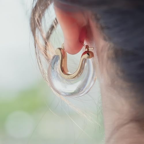 Chunky Gold Resin Hoop Earrings Leverback Statement Huggie Hoops Dangle Drop Dressy Earring Prom Festival Vacation Jewelry for Women - color: Clear, size: Drop