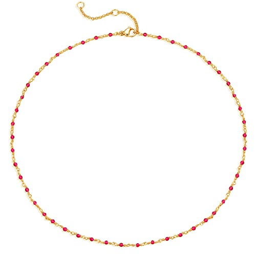MTMY Beaded Necklaces for Women 14K Gold Plated Dainty Colorful Green/Rose Beaded Pearl Choker Necklace Delicate Boho Choker Necklace Jewelry Gift - style: Crystal-rose