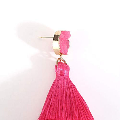 Bohemian Tiered Tassel Earrings with Druzy Stud for Women | Long Layered Fringe Drop Earrings, Statement Jewelry for Party Beach Festival - color: Hot Pink