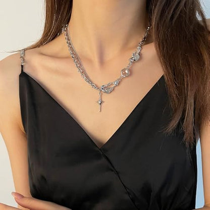 Gothic Cross Star Necklace For Men Women Silver Stainless Steel Cuban Link Paperclip Figaro Bead Chain Punk Kpop Y2k Goth Irregular Layered Cross Pendant Necklace Non Tarnish Jewelry Gift - color: Silver M