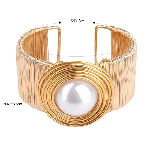 Chunky Gold Cuff Bracelets for Women Stack Silver Bracelet Vintage Bohemian Indian Bangles for Women Adjustable Open Wide Gold Bangle Bracelet Trendy Statement Jewelry - style: GOLD FINISH WHITE PEARL