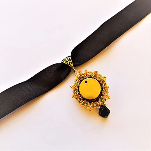 Brown Yellow Orange Beadwoven Sunburst Floral Pendant Velvet Choker Embroidered Flower Fall Autumn